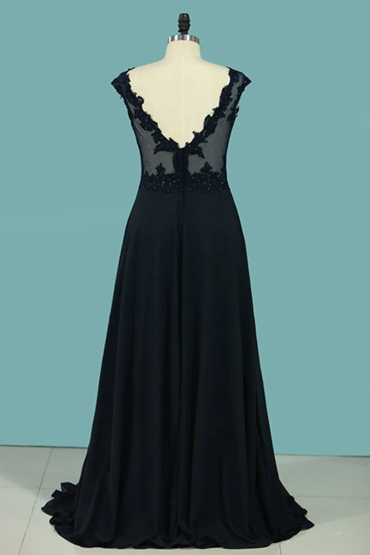 2024 A Line Scoop Chiffon With Applique Floor Length Prom Dresses