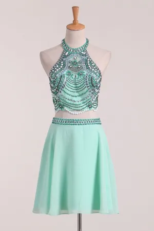 2024 Halter Beaded Bodice Chiffon Homecoming Dresses A Line