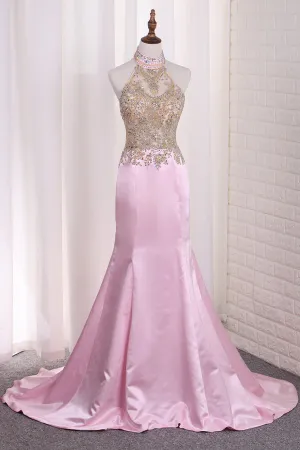 2024 Halter Beaded Bodice Satin Prom Dresses Mermaid See-Through