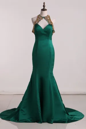2024 Mermaid Prom Dresses Scoop Sweep/Brush Train Open Back Satin Beads