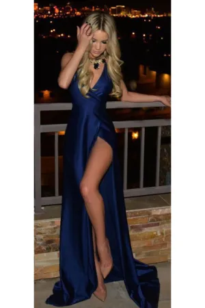 2024 New Arrival Evening Dresses A Line Halter With Slit Elastic Satin