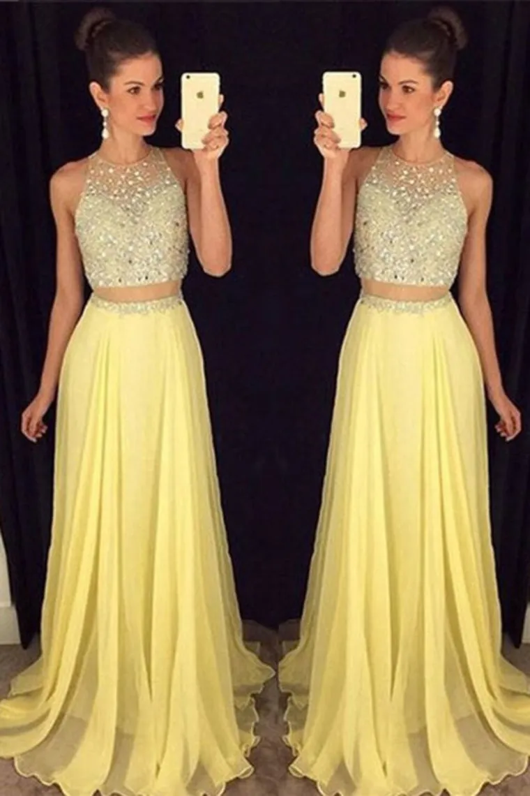 2024 Prom Dresses Scoop Beaded Bodice Chiffon Sweep Train