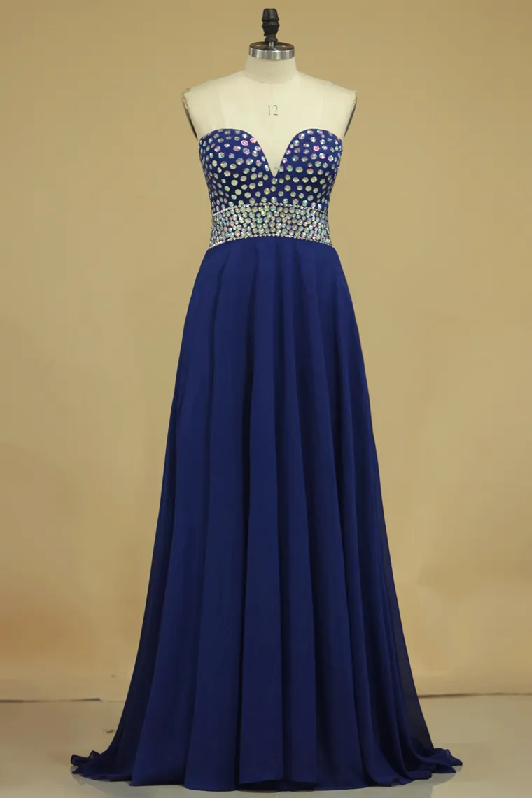 2024 Sleeveless A Line Floor Length Prom Dresses With Shiny Rhinestone Chiffon