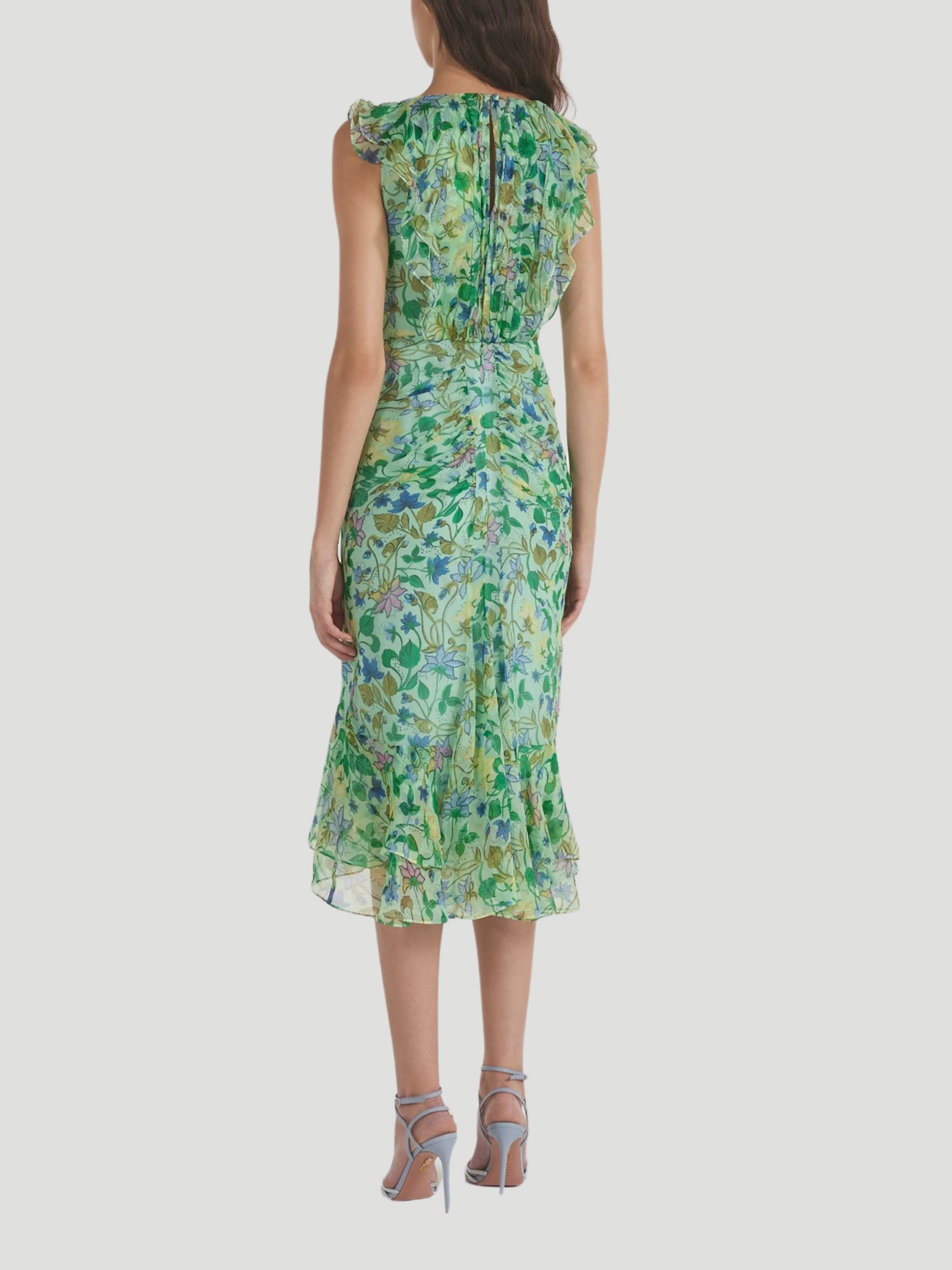Aisha Ruffled Floral Silk Midi-Dress