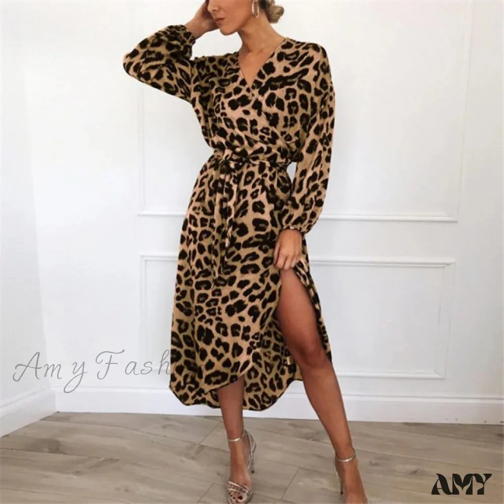 Amy Fashion - Fashion Sexy Leopard V-Neck Sling Maxi Dresses