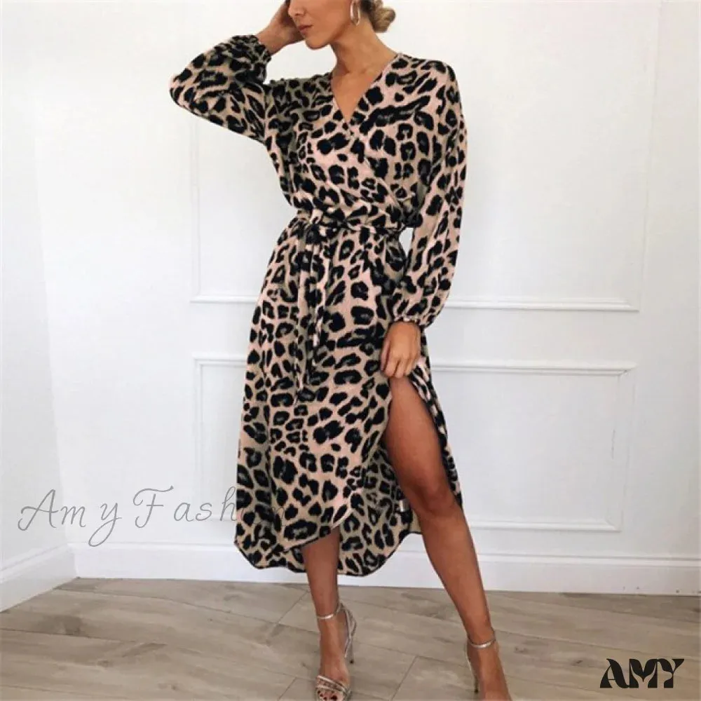 Amy Fashion - Fashion Sexy Leopard V-Neck Sling Maxi Dresses
