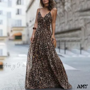 Amy Fashion - Fashion Sexy Leopard V-Neck Sling Maxi Dresses