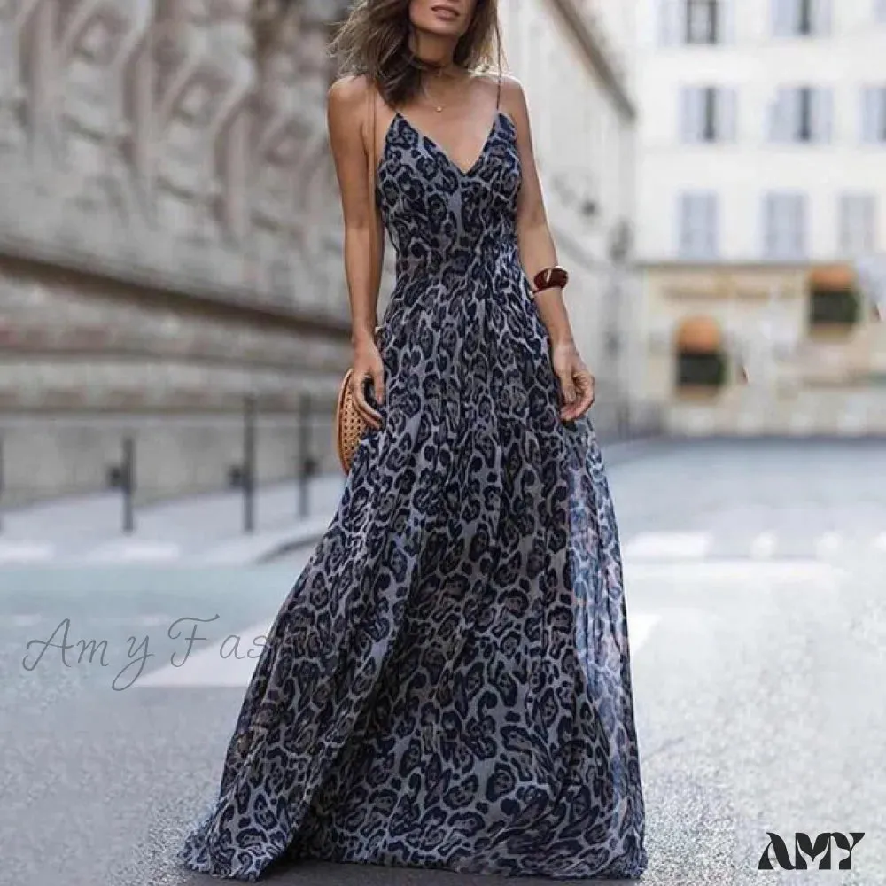 Amy Fashion - Fashion Sexy Leopard V-Neck Sling Maxi Dresses