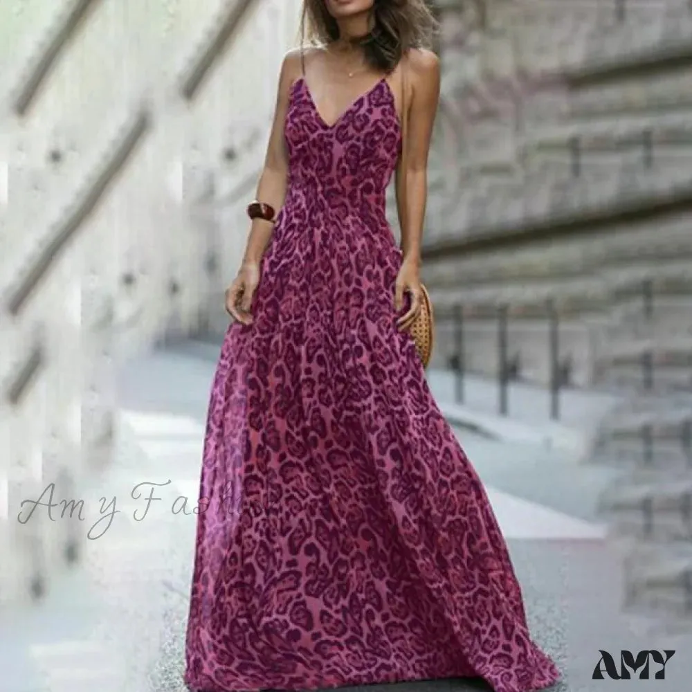 Amy Fashion - Fashion Sexy Leopard V-Neck Sling Maxi Dresses
