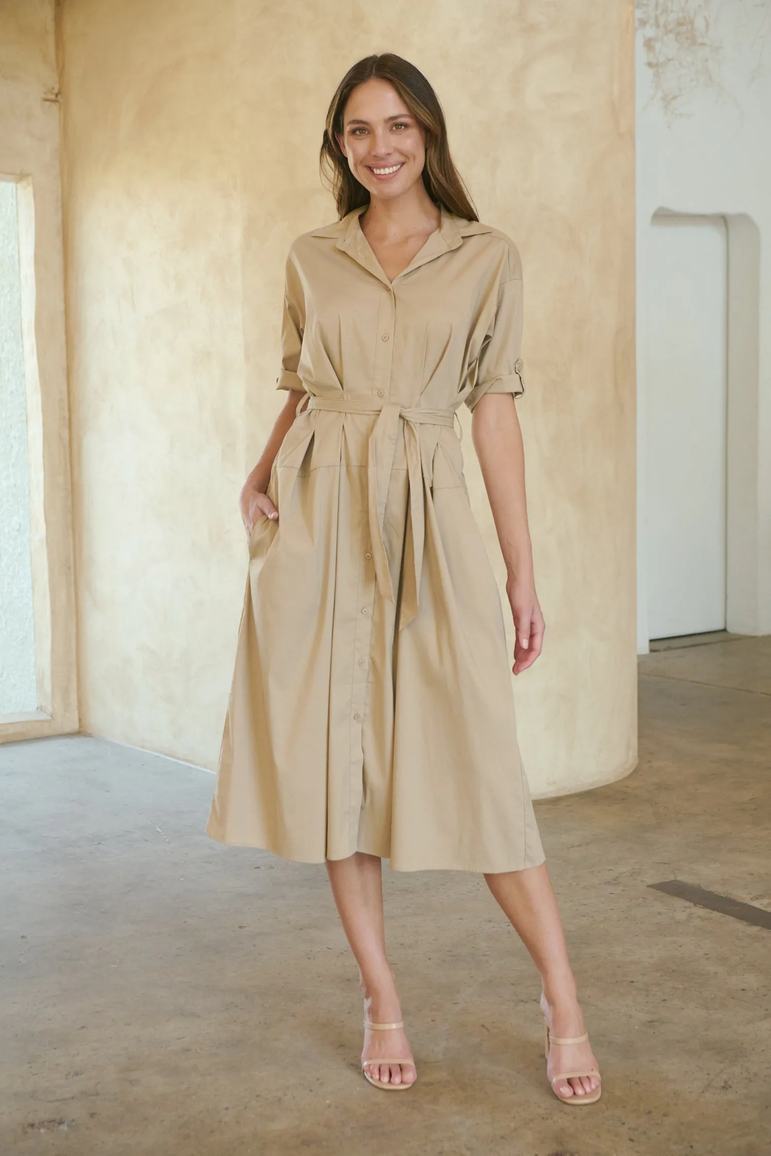 Annie Trench Style Short Sleeve Collared Beige Button Midi Dress