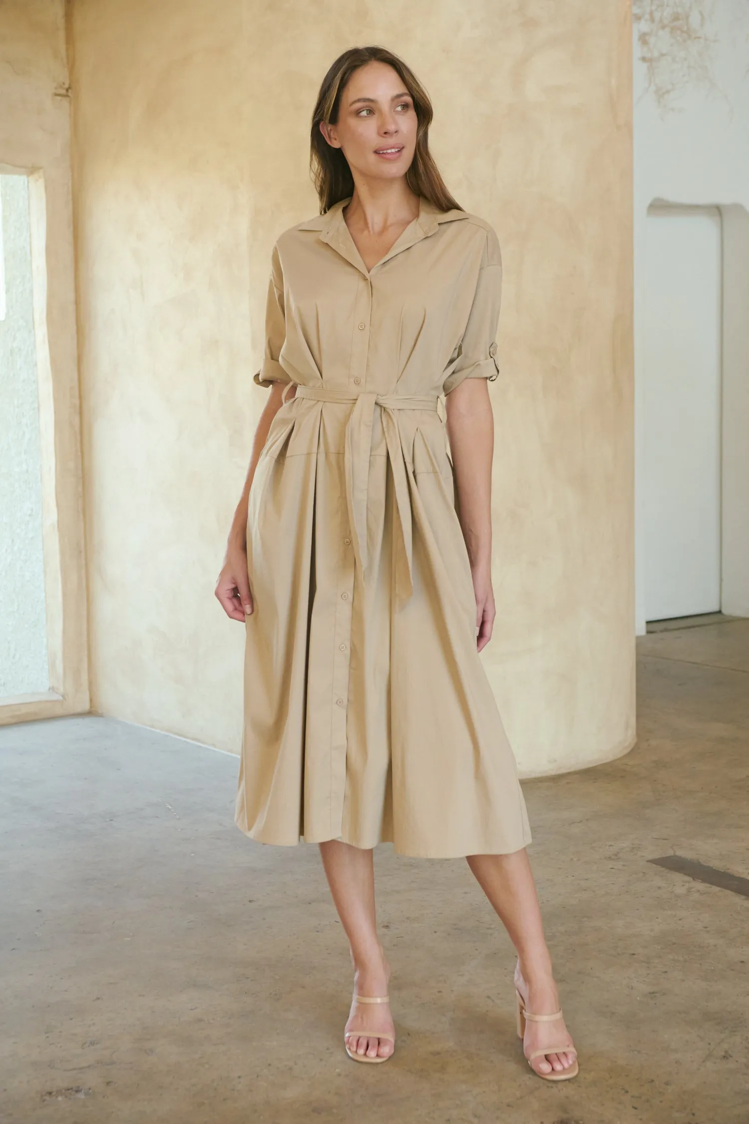 Annie Trench Style Short Sleeve Collared Beige Button Midi Dress
