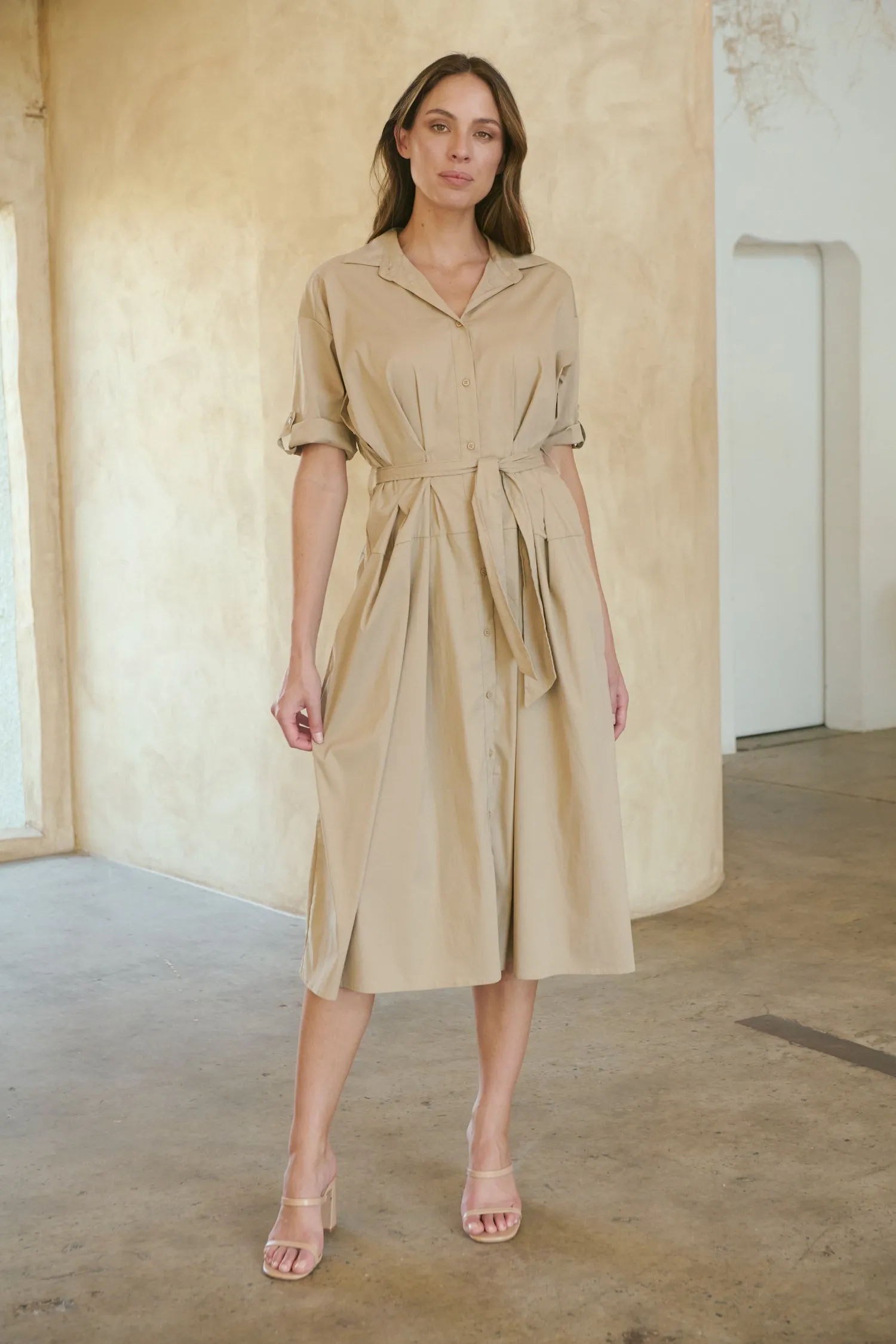 Annie Trench Style Short Sleeve Collared Beige Button Midi Dress