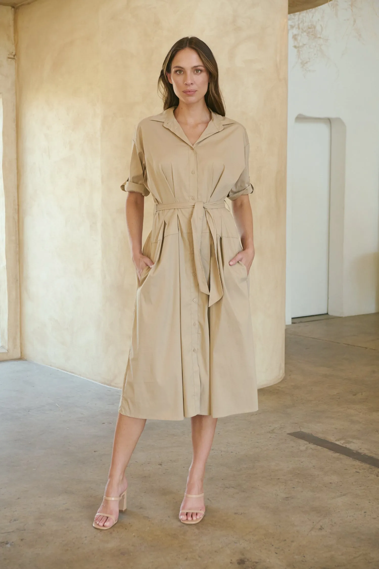 Annie Trench Style Short Sleeve Collared Beige Button Midi Dress