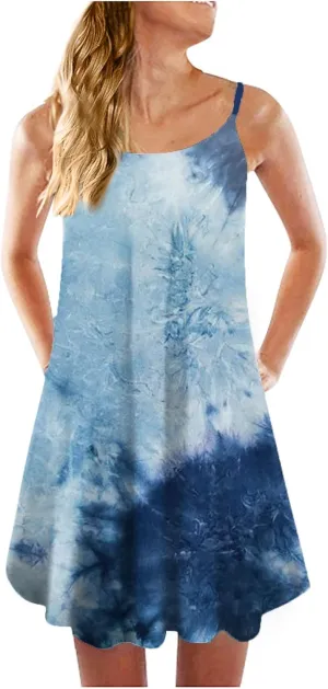 Beach Dresses for Women,2024 Summer Casual Loose Sleeveless Sling Sundress,Trendy Print Flowy Ruched Mini Boho Dress