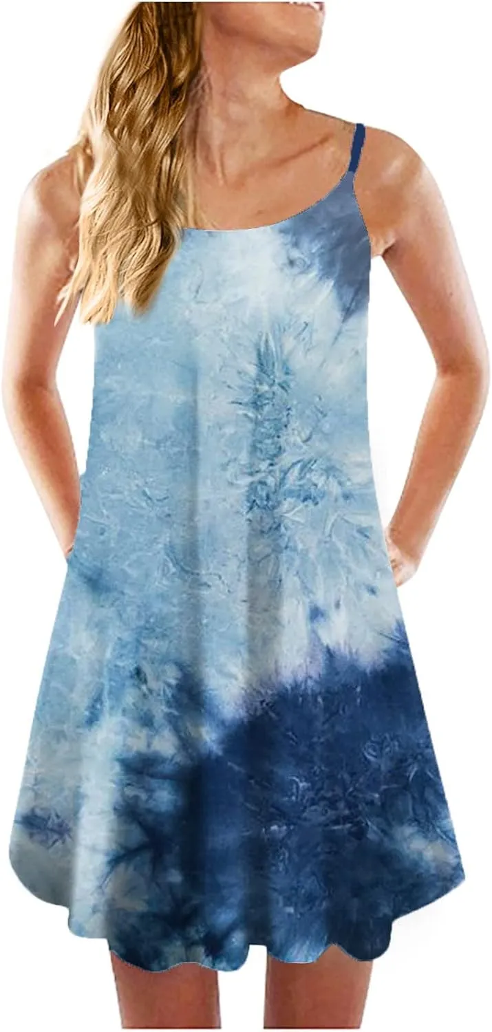 Beach Dresses for Women,2024 Summer Casual Loose Sleeveless Sling Sundress,Trendy Print Flowy Ruched Mini Boho Dress