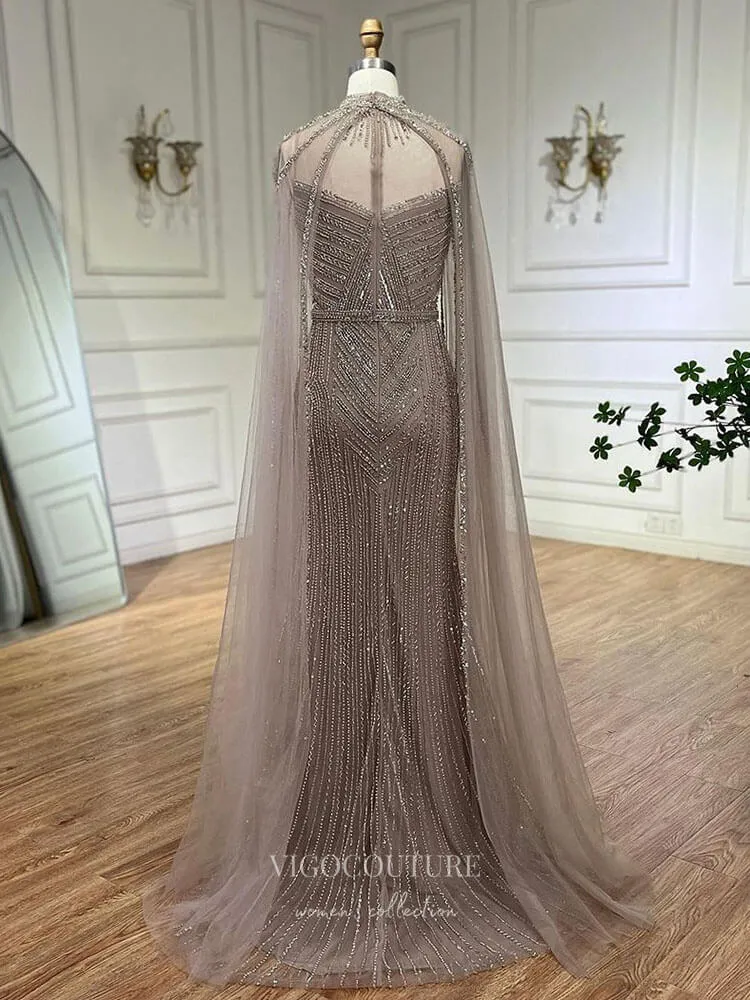 Beaded Removable Cape Sleeve Prom Dresses Mermaid High Neck Pageant Dress 24527