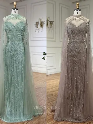 Beaded Removable Cape Sleeve Prom Dresses Mermaid High Neck Pageant Dress 24527
