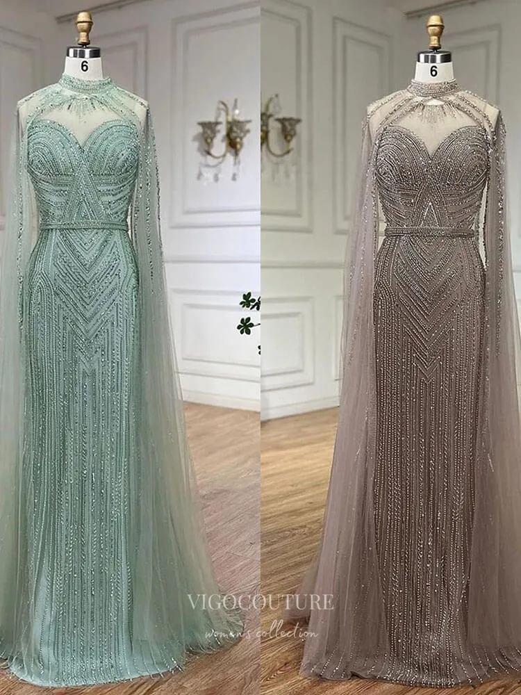 Beaded Removable Cape Sleeve Prom Dresses Mermaid High Neck Pageant Dress 24527