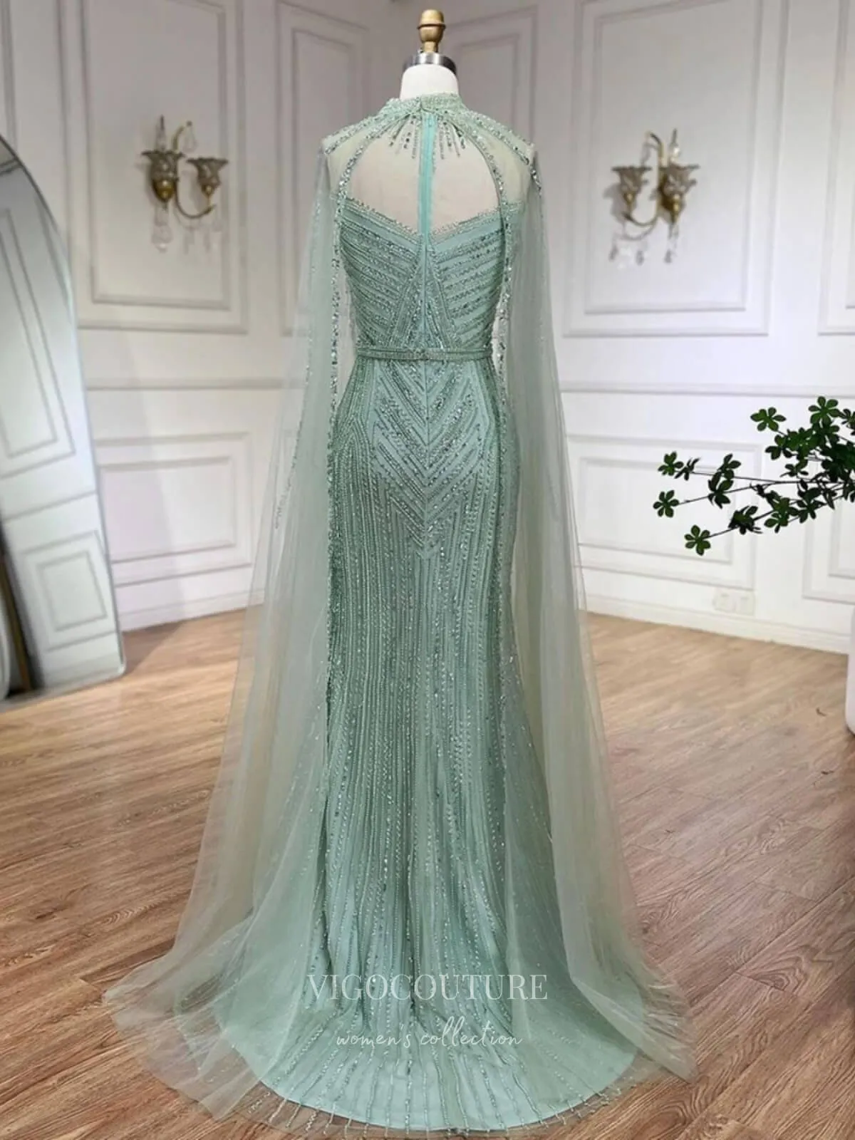 Beaded Removable Cape Sleeve Prom Dresses Mermaid High Neck Pageant Dress 24527