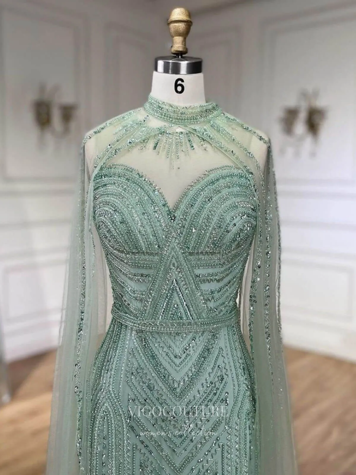 Beaded Removable Cape Sleeve Prom Dresses Mermaid High Neck Pageant Dress 24527