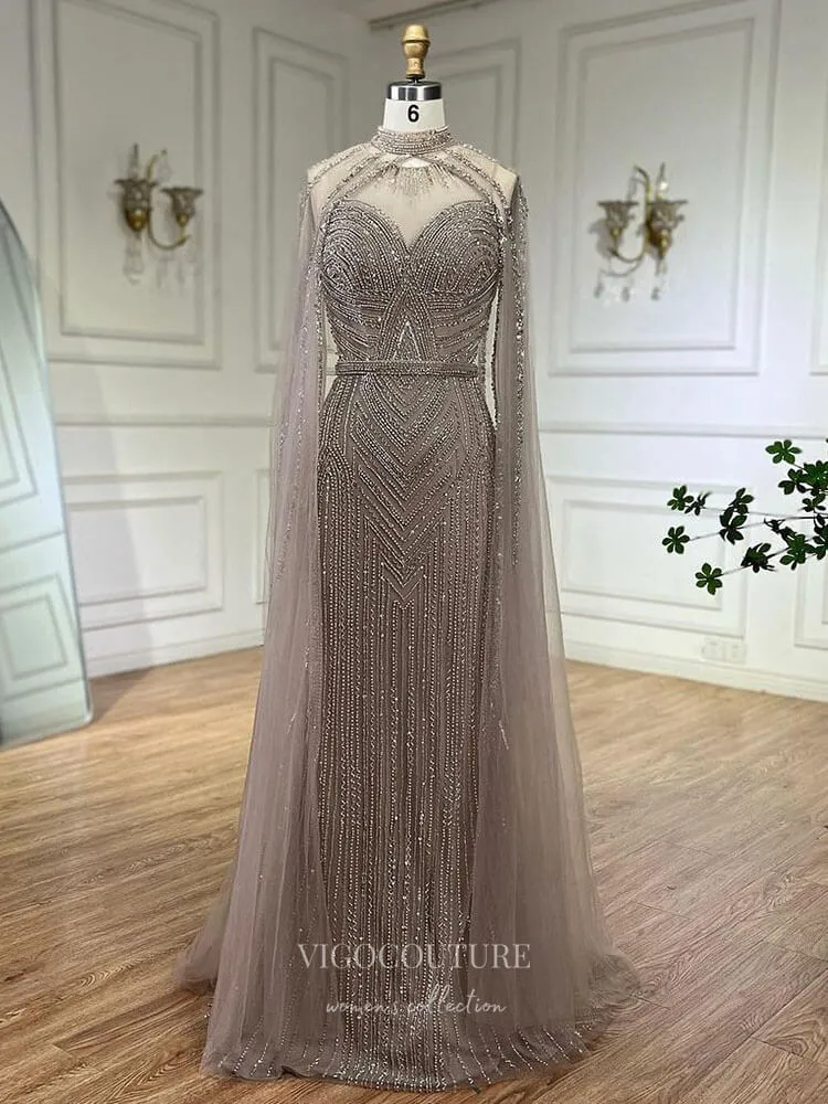 Beaded Removable Cape Sleeve Prom Dresses Mermaid High Neck Pageant Dress 24527