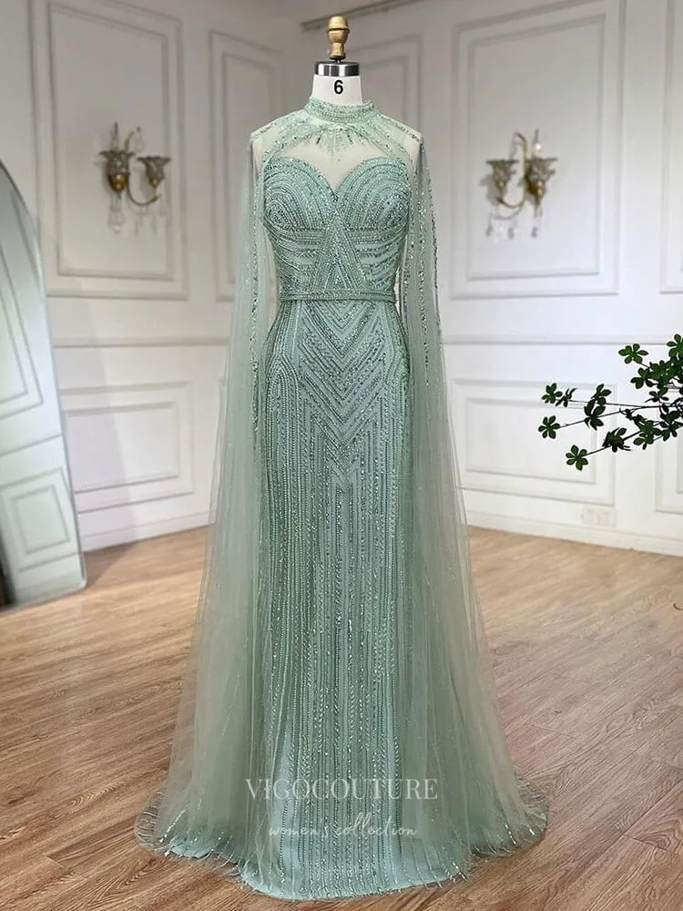 Beaded Removable Cape Sleeve Prom Dresses Mermaid High Neck Pageant Dress 24527