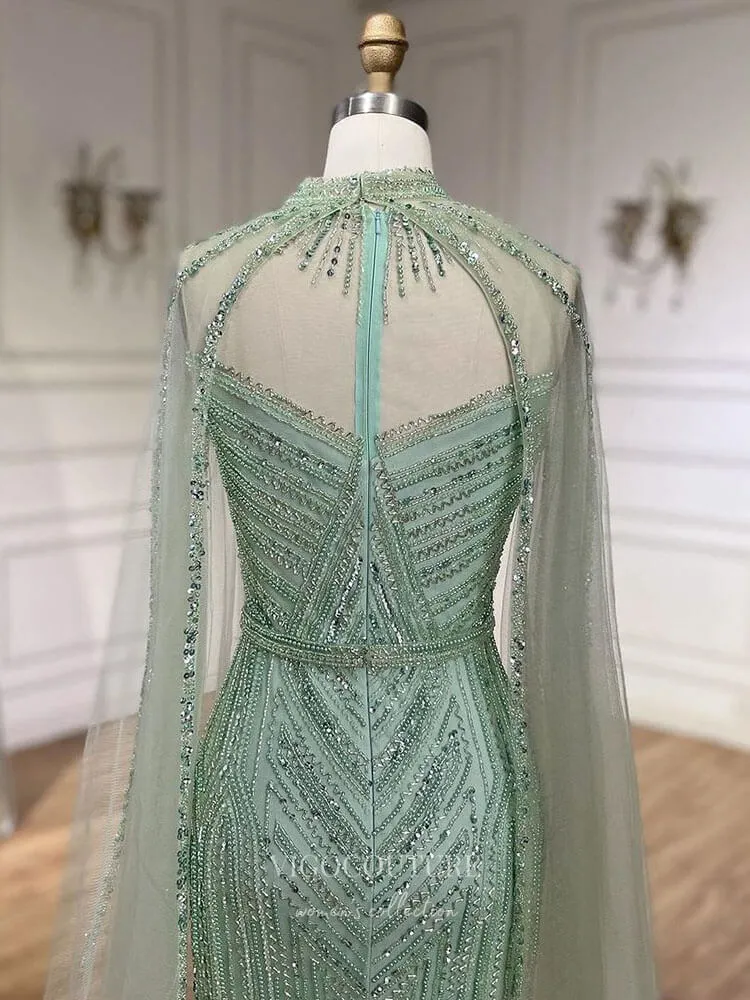 Beaded Removable Cape Sleeve Prom Dresses Mermaid High Neck Pageant Dress 24527