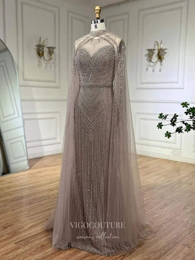 Beaded Removable Cape Sleeve Prom Dresses Mermaid High Neck Pageant Dress 24527