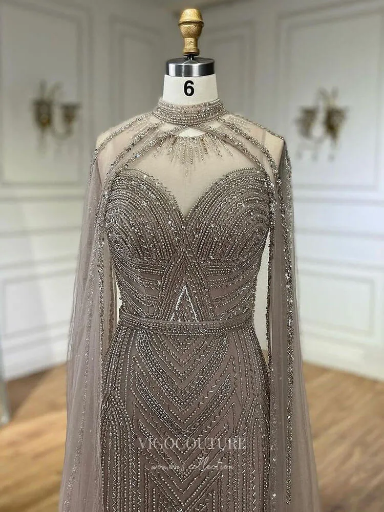 Beaded Removable Cape Sleeve Prom Dresses Mermaid High Neck Pageant Dress 24527