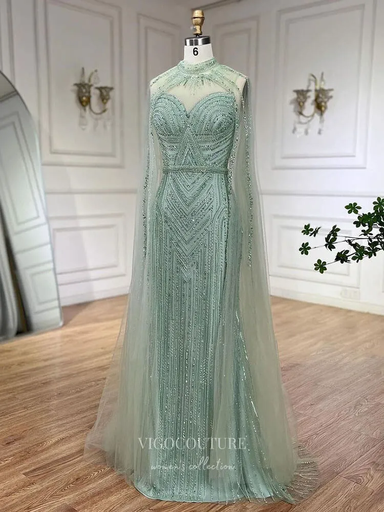 Beaded Removable Cape Sleeve Prom Dresses Mermaid High Neck Pageant Dress 24527