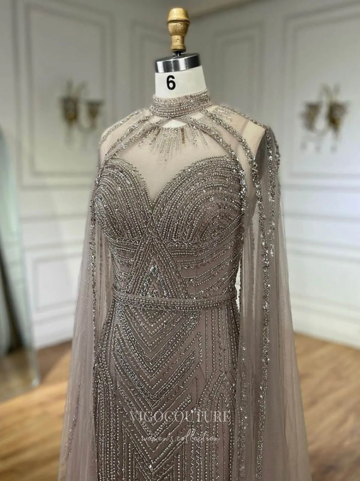 Beaded Removable Cape Sleeve Prom Dresses Mermaid High Neck Pageant Dress 24527