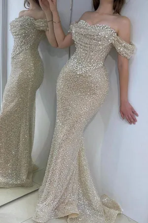 Beaded Sweetheart Off The Shoulder Mermaid Long Tulle Prom Dress