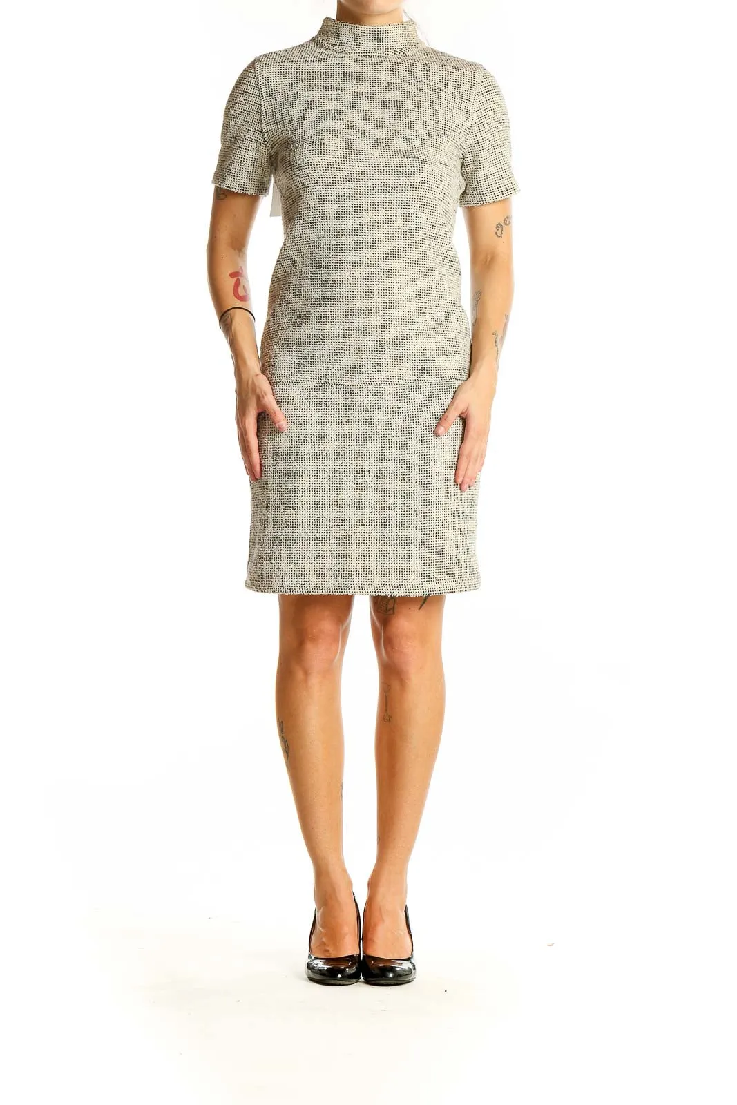 Beige Textured Short Sleeve Sheath Dress