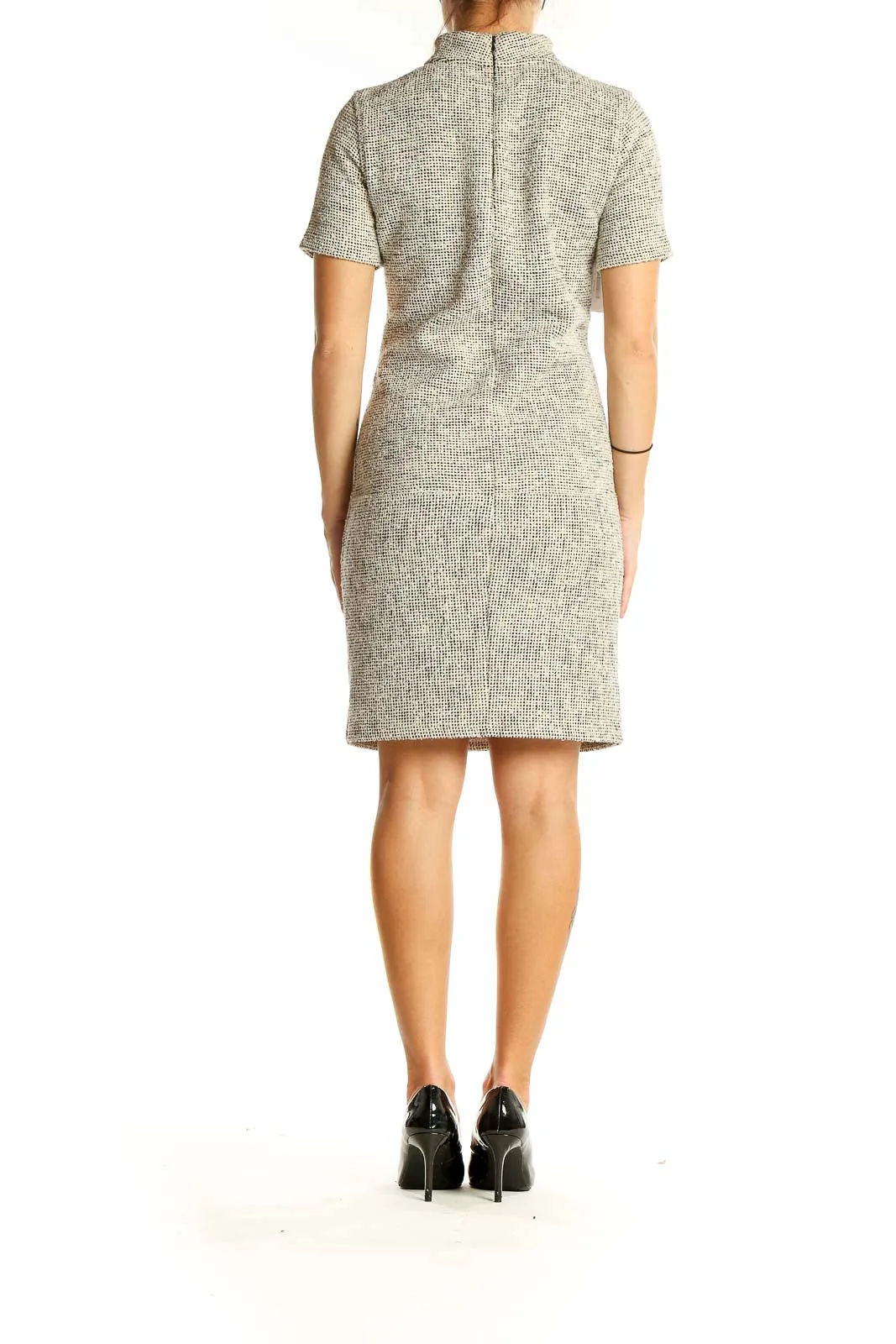 Beige Textured Short Sleeve Sheath Dress