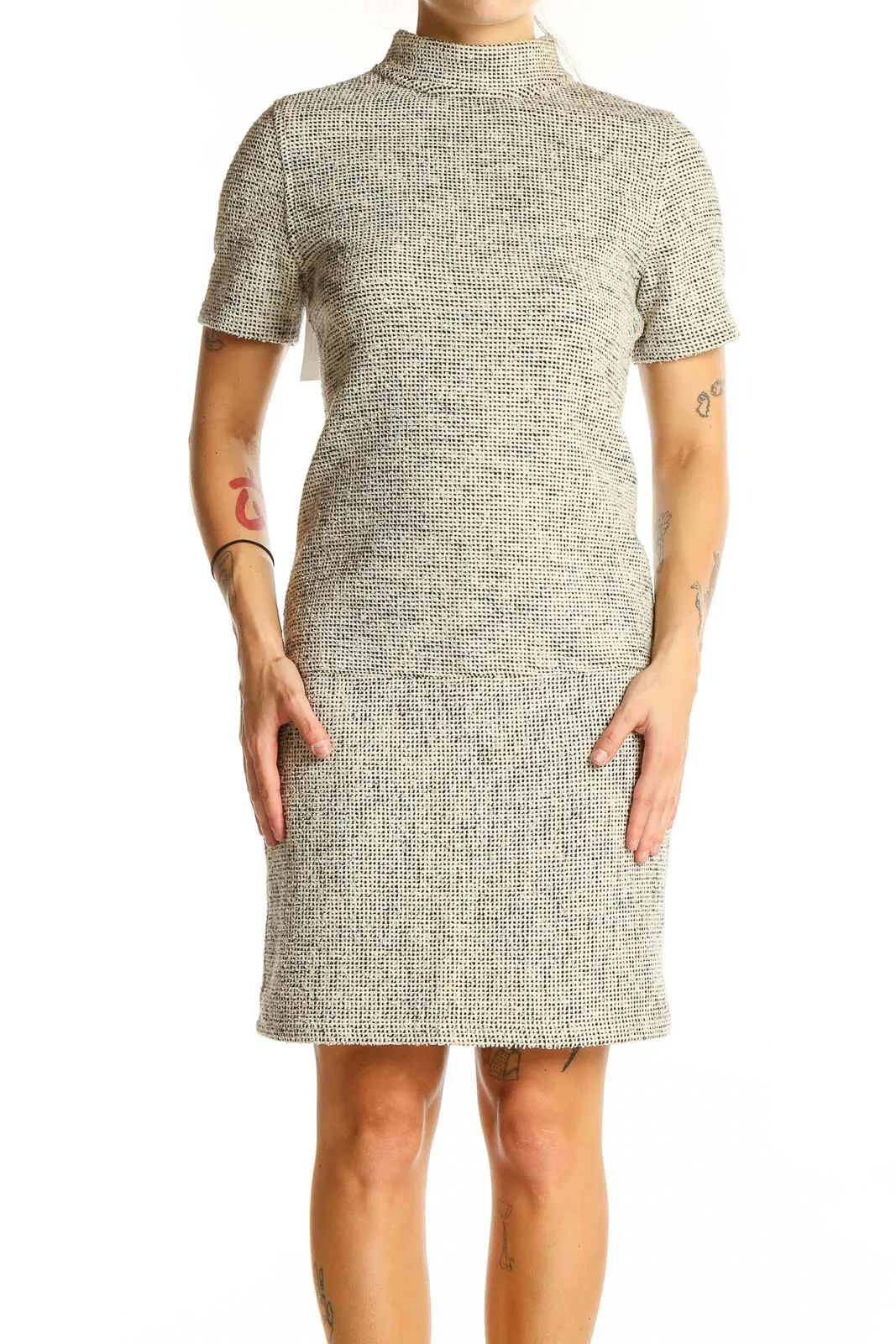 Beige Textured Short Sleeve Sheath Dress