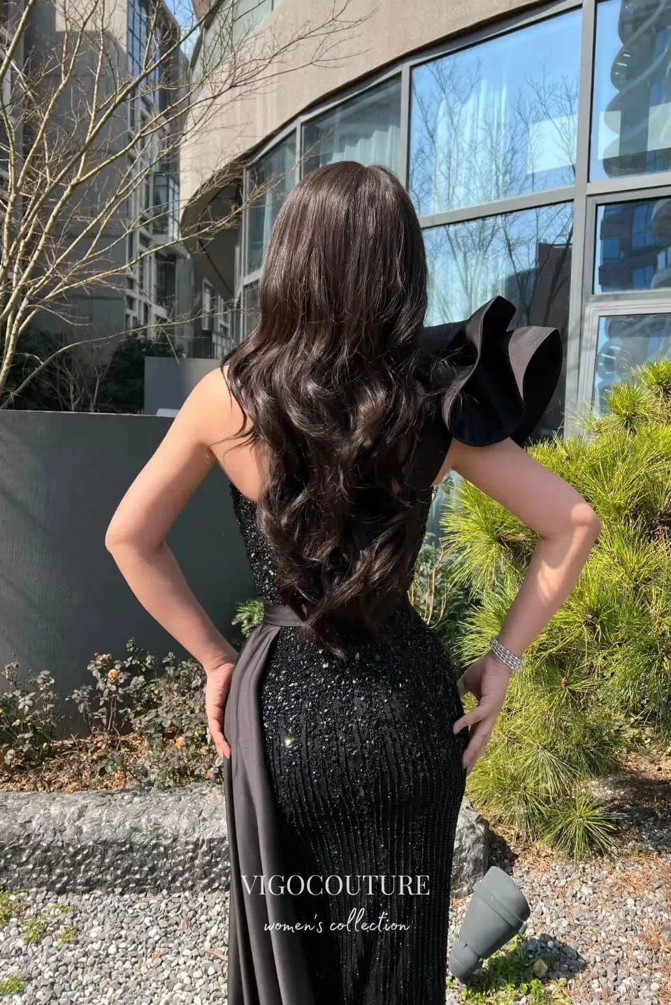 Black Beaded Mermaid Prom Dress with One Shoulder and Black Satin Train 22254