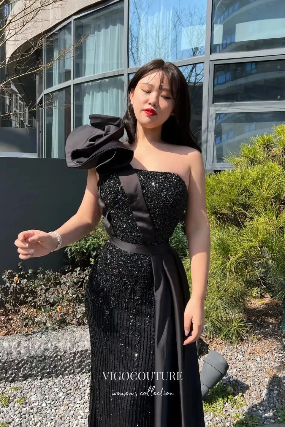 Black Beaded Mermaid Prom Dress with One Shoulder and Black Satin Train 22254