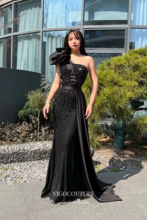 Black Beaded Mermaid Prom Dress with One Shoulder and Black Satin Train 22254