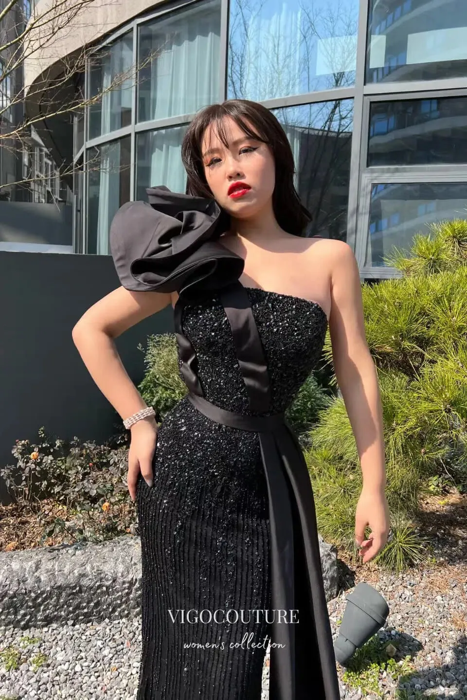 Black Beaded Mermaid Prom Dress with One Shoulder and Black Satin Train 22254
