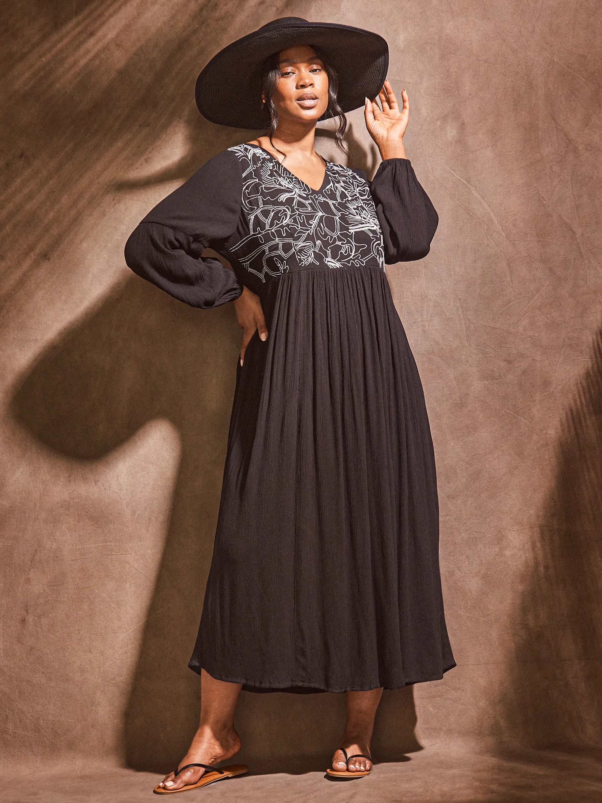 Black Embroidered Viscose Crinkle Dress