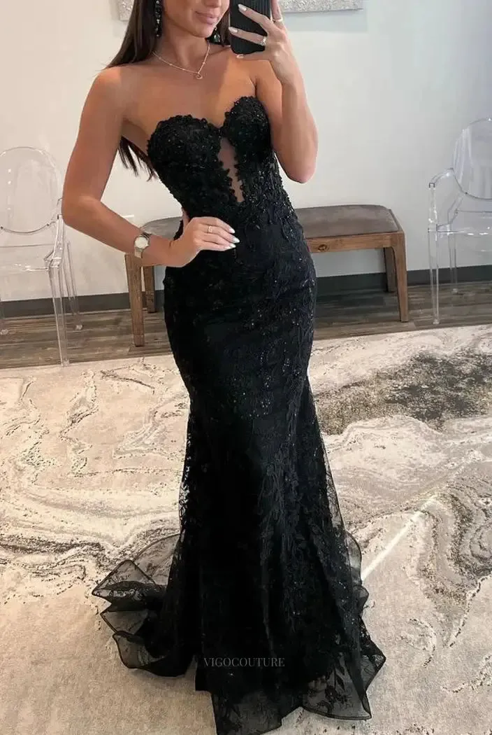Black Mermaid Satin Prom Dresses 2025 with Sweetheart, Sheer Lace Bodice & Slit – 25117