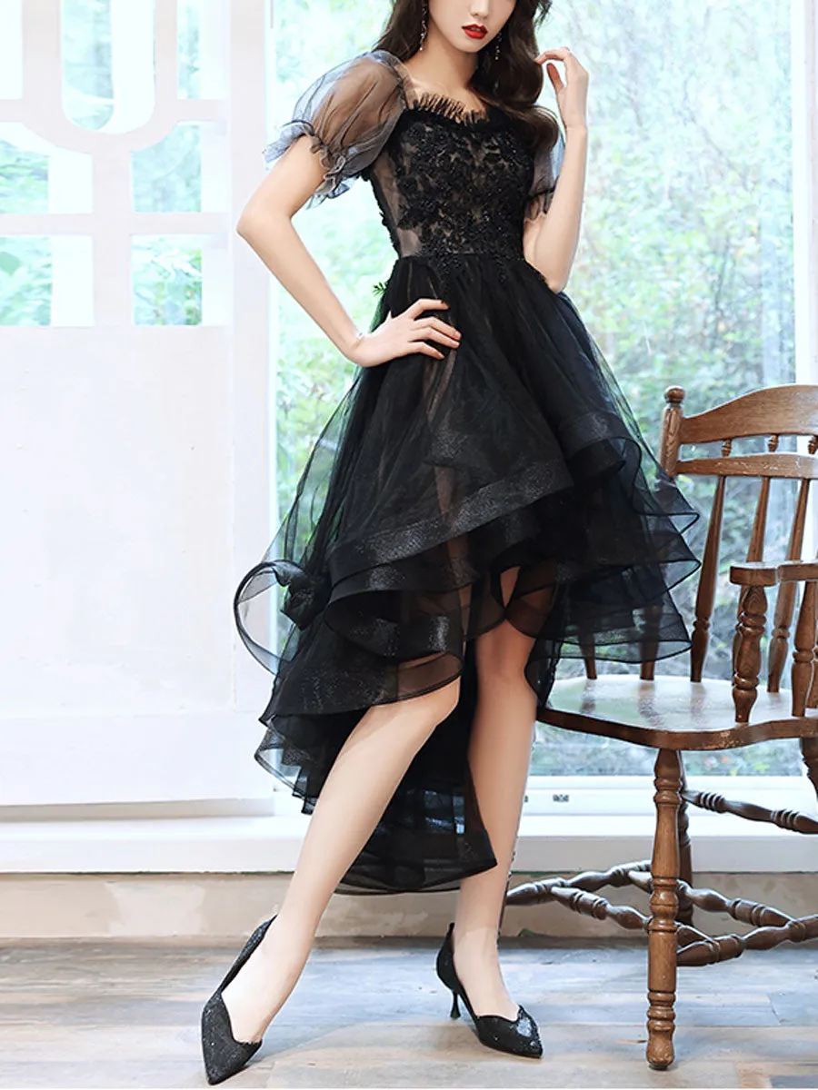 Black Sweetheart Tulle Lace High Low Prom Dress, Black Homecoming Dress