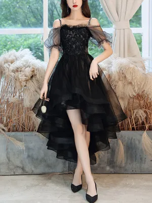 Black Sweetheart Tulle Lace High Low Prom Dress, Black Homecoming Dress