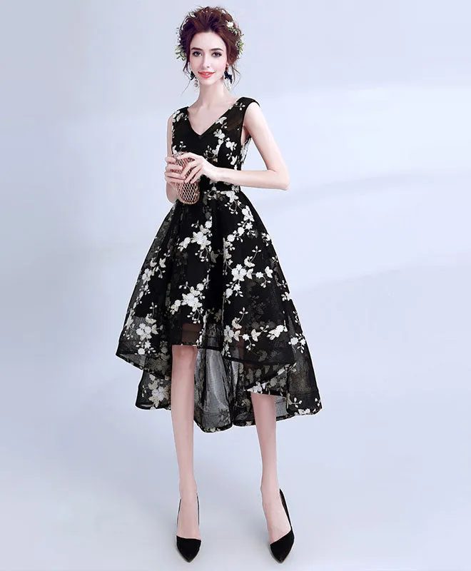 Black V Neck Lace Short Prom Dress, High Low Evening Dress
