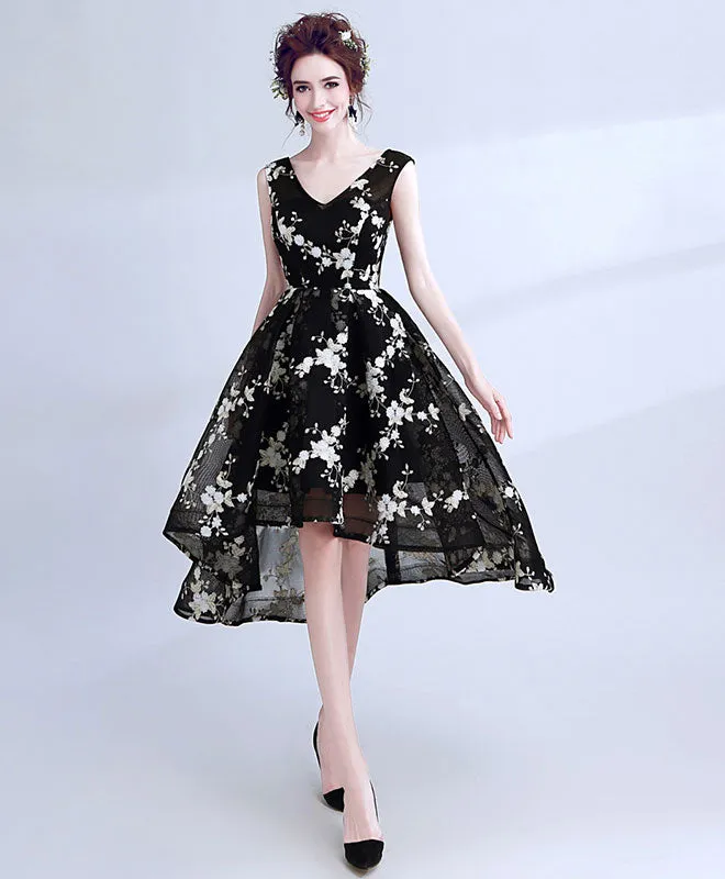 Black V Neck Lace Short Prom Dress, High Low Evening Dress