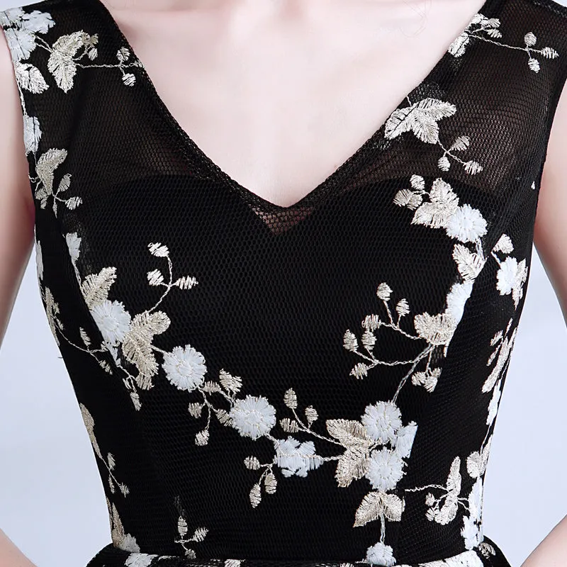 Black V Neck Lace Short Prom Dress, High Low Evening Dress