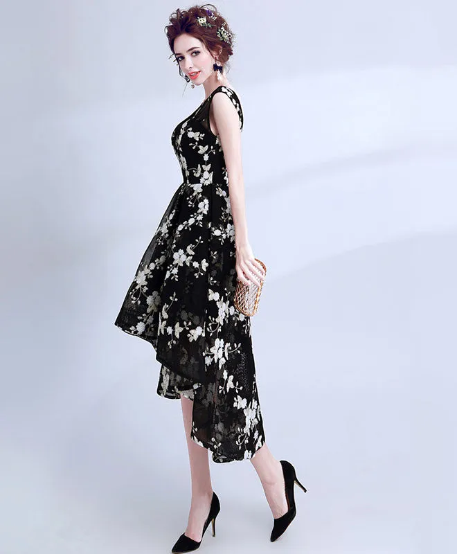 Black V Neck Lace Short Prom Dress, High Low Evening Dress