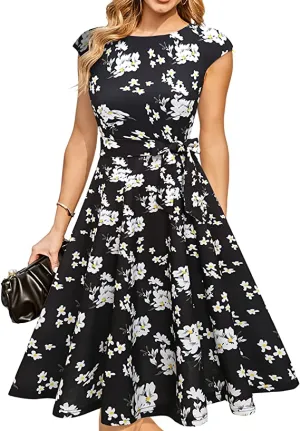 Black White Flower Women Casual Dresses Vintage Cocktail Tea Party Dress A-Line Summer Work Dress - DRESSTELLS