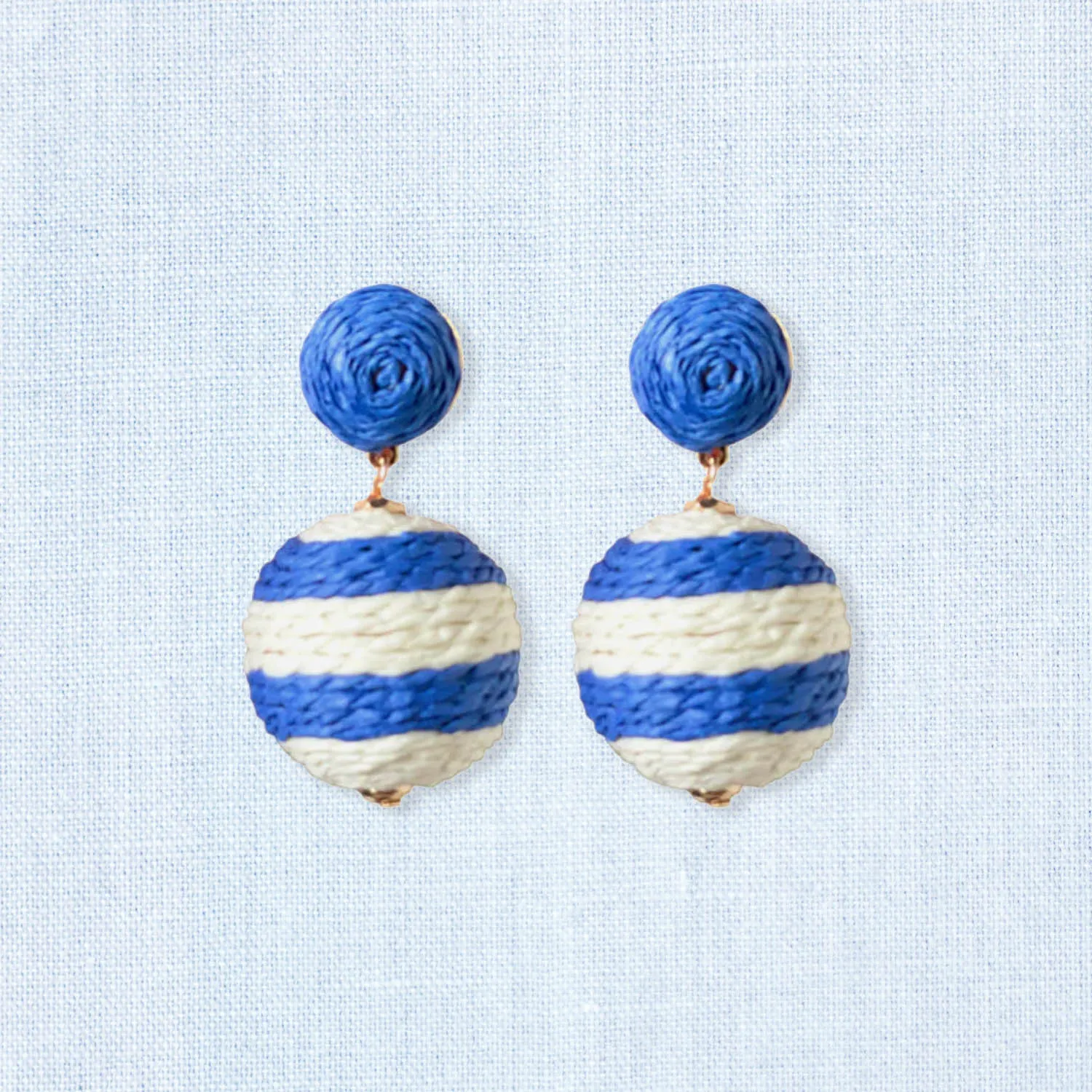 Blue and White Striped Pom Pom Earrings