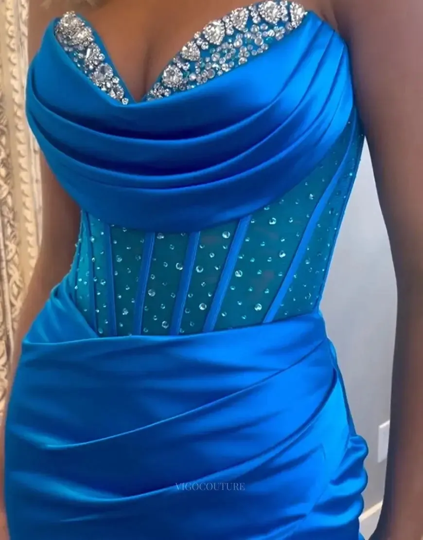 Blue Satin Mermaid Prom Dresses 2025 Beaded Sweetheart Neck Formal Dresses with Slit – 25151